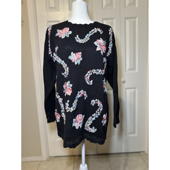 Vintage Kathie Lee Womens Size M Black Floral Embroidered Pullover Sweater - Picture 1 of 16